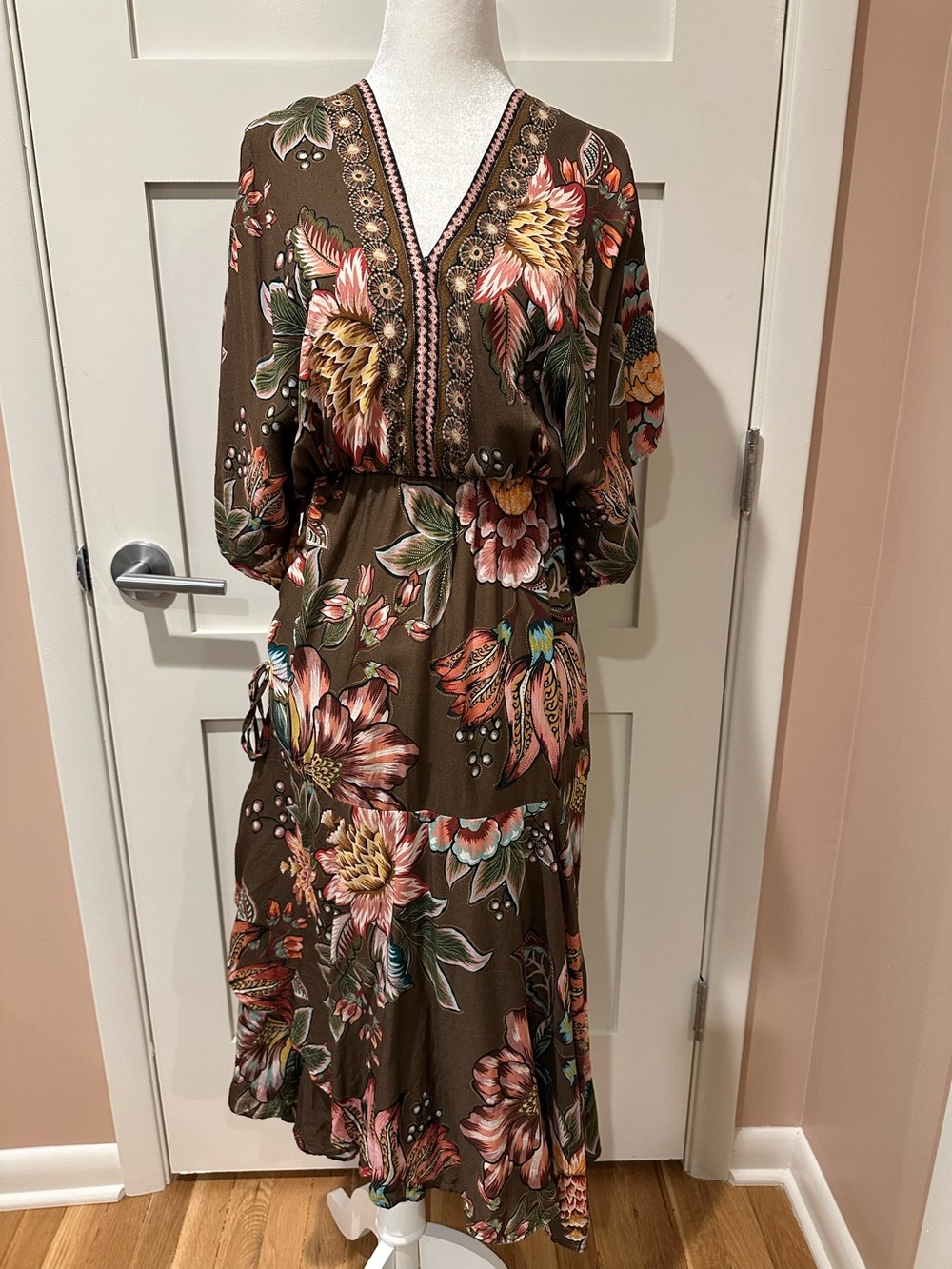 Farm Rio size XS Petite brown floral boho style dress